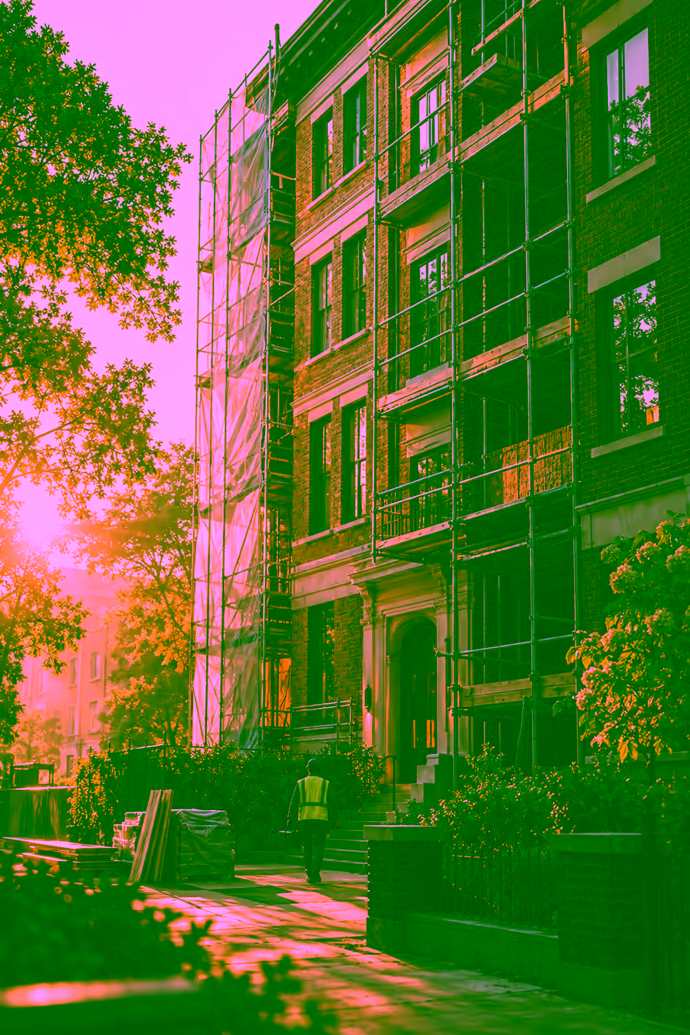 A brick apartment building under renovation at golden hour, with a tradesperson walking toward the entrance